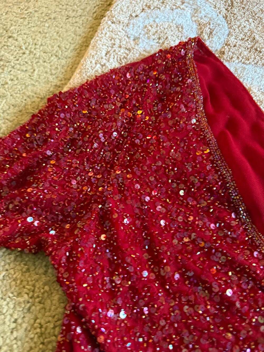 Papell Boutique Evening Red 100% Silk Sequin Beaded Blouse Top XL - Picture 10 of 13